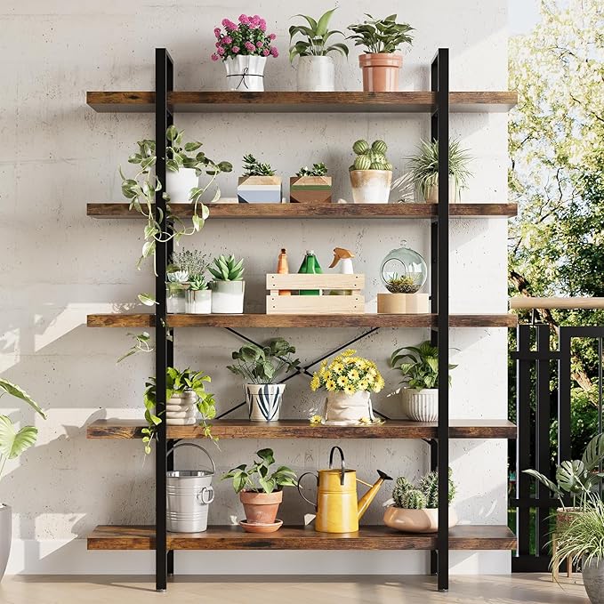 Heavy Duty 5-Tier Industrial Bookcase, 47" Wide Wood Bookshelf for Home Office, 120lbs Shelf Capacity, Rustic Open Shelving Display with Reinforced Horizontal Shelf for Living Room Bedroom