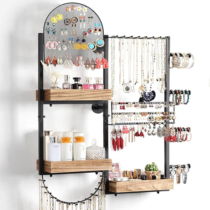 Keebofly Jewelry Organizer - Large Wall Mount Hanging Jewelry Holder Display for Earrings, Rings, Necklaces, Bracelets, Makeup, Perfume & Watches