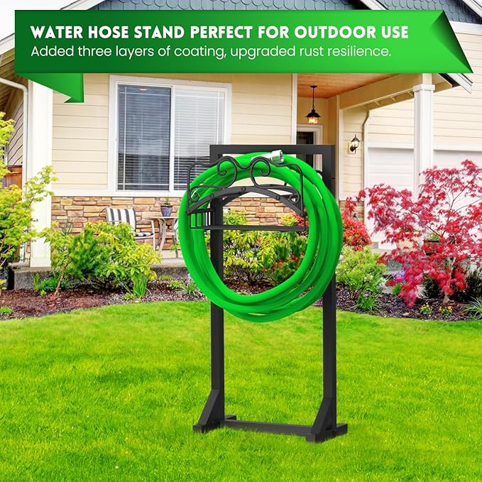 Garden Hose Holder, Heavy Duty Metal Water Hose Holder with 4 Spikes Outdoor Freestanding Hose Hanger Detachable Sturdy Hose Stand Holds 150-feet Hose, Garden Hose Storage Rack for Outside Yard Lawn