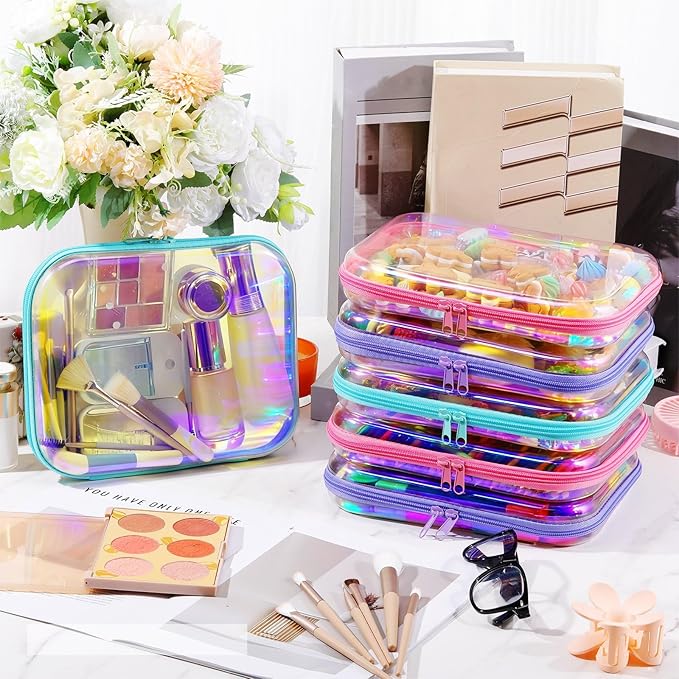 Sanwuta 6 Pcs Clear Hard Zipper Case Hard Plastic Zipper Pouches Transparent Makeup Bag Pencil Pouches for Travel Snacks Christmas Trinket Storage Organizer Box(Holographic,9.84 x 7.87 x 2 Inch)