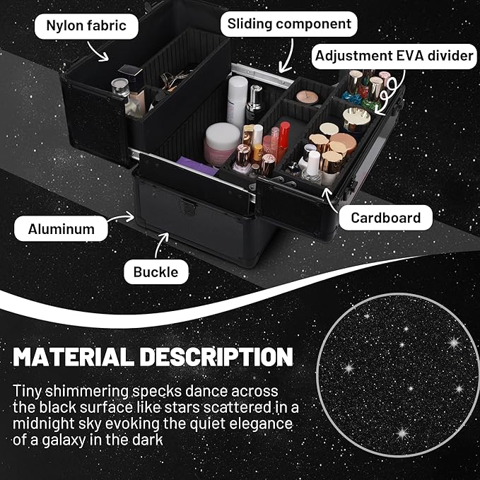 Large Makeup Train Case Cosmetic Organizer Case Makeup Box Portable Make Up Artist Travel Case with 4 Trays with Dividers Lockable Hard Train Case Nail Tech Supply Storage - Starry Black