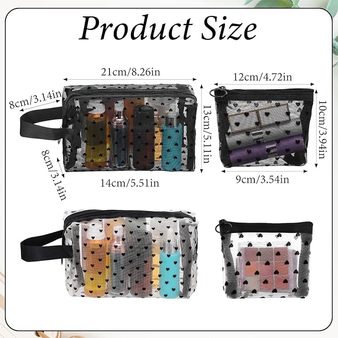 4 PCS Heart Printed Mesh Makeup Bag Set, White & Black Mesh Makeup Bag with Zipper Lipstick Accessories Organizer Mini Travel Organizer Bags for Women(2 Small 2 Square Handle)