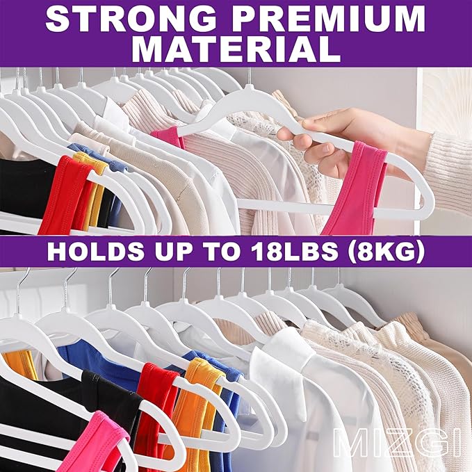 Hangers 50 Pack - Non-Velvet White Plastic Hangers for Clothes -Heavy Duty Slim Coat Hanger -Space-Saving Closet with Chrome Hook,Non-Flocked for Dresses Coats Shirts Jackets