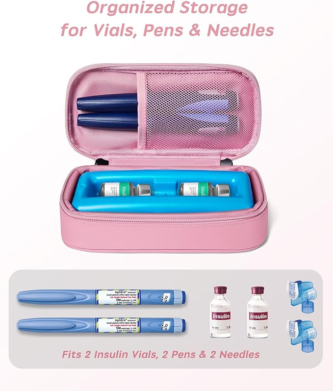 Insulin Vial Cooler Travel Case TSA Approved 300g Reusable Ice Brick Insulin Pen Case Holds 2 Pens and 2 Vials Long Lasting Medicine Cooler for Travel Camping and Outdoor Activities (Pink)