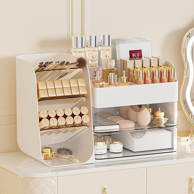 Makeup Organizer with Drawers,Large Capacity Countertop Organizer for Vanity,Bathroom and Bedroom Desk Cosmetics Organizer,Easy To Storage Skincare,Brushes, Eyeshadow,Lipstick (White, Large)