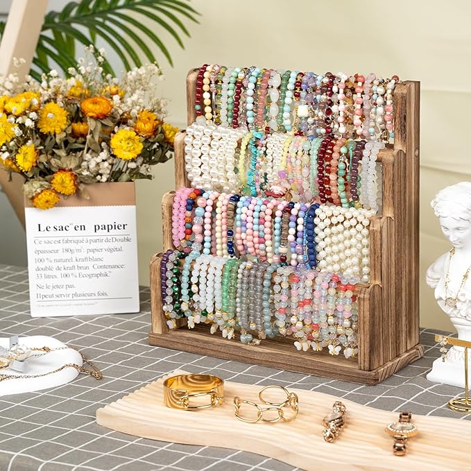 Emfogo Bracelet Holder, 4 Tier Bracelet Organizer Storage for Bracelets Bangles Watch Scrunchies, Rustic Wood Jewelry Organizer Display for Home, Vendors, Craft Shows and Store(Rustic Brown)