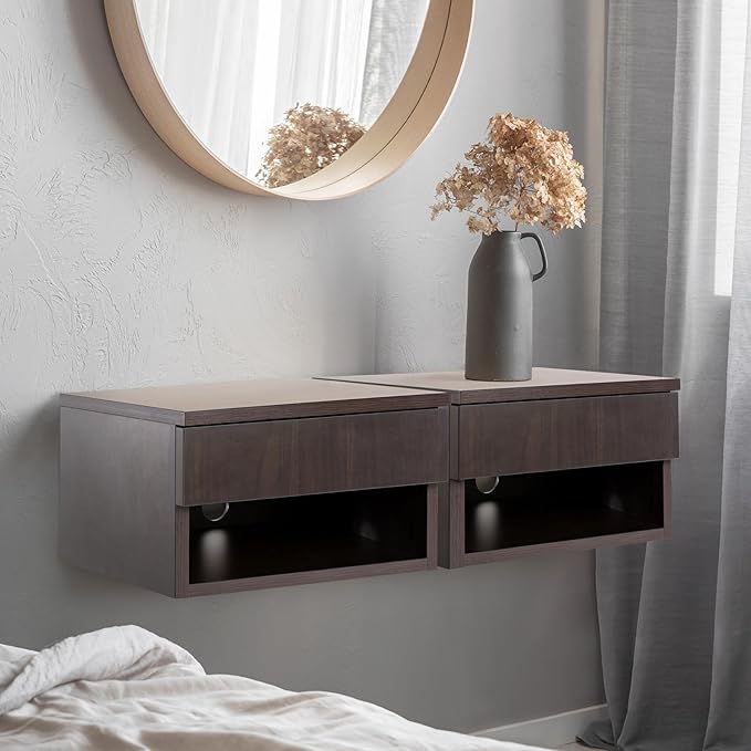 JONATHAN Y NST2002B Ettore 15.71" Mid-Century Modern Floating Wall Mounted Nightstand with Soft-Close Drawer and Cable Hole, Black