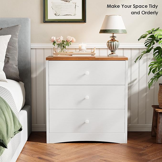 Nightstand,Farmhouse Wood Night Stand with 3 Storage Drawers,Wooden Small Dresser Chest of Drawers Bedside Tables for Bedroom Small Spaces,White+Walnut