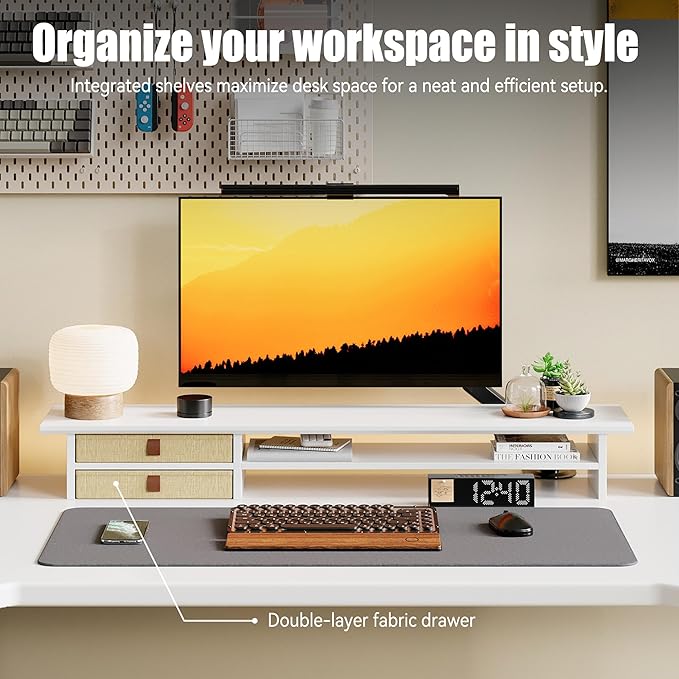 Dual‑Tier Monitor Stand Riser with Drawers, Desktop Organizer Shelf Storage for Computer Screen 2 Monitors, Supports for PC Computer Monitor, Printer, Heavy TV Riser White