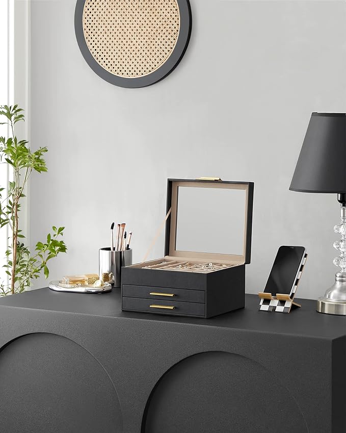 SONGMICS Jewelry Box Organizer with Glass Lid, 3-Layer Jewelry Storage, with 2 Drawers, Modern Style, Christmas Gift, 8 x 9.1 x 5.3 Inches, Graphite Black and Gold Color UJBC239B03