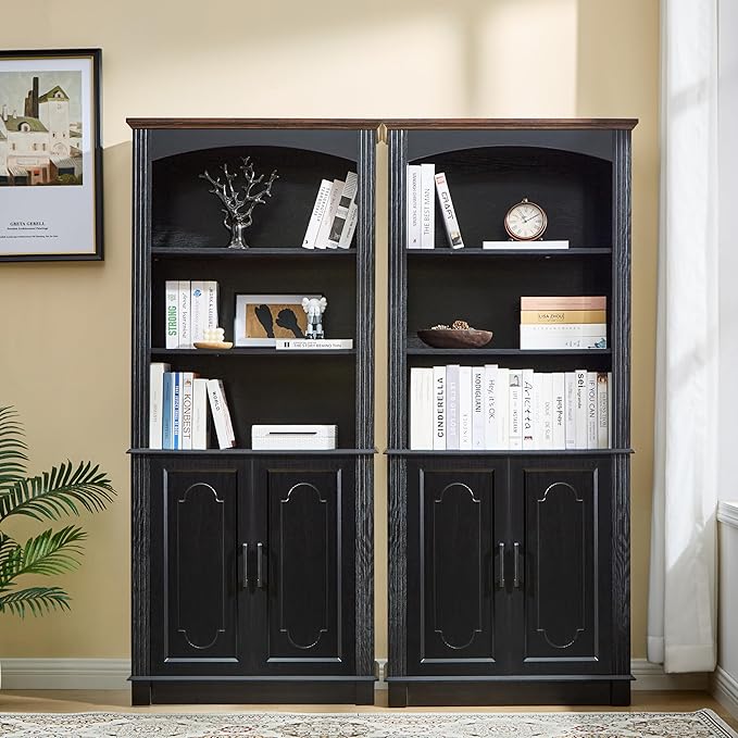 Black 5 Tier Book Shelf and Bookshelf with Storage Cabinet Doors, 72 Inch Tall Bookcase, Wooden Cube Storage Organizer, Kids Bookshelf, Display Cabinet for Bedroom Furniture, Living Room, Pantry