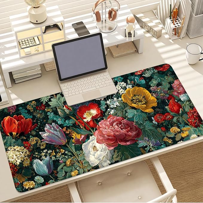 Vintage Oil Painting Floral Mouse Pad – Large Extended Desk Mat 35.43 x 15.75 in – Baroque Style Botanical Design,Oversized Mouse & Keyboard Pad for Art Lovers