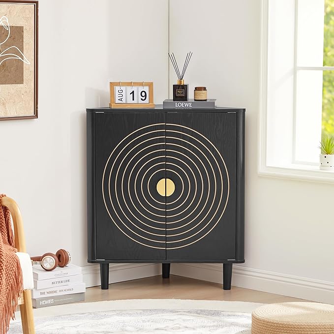 Small Corner Storage Cabinet, Modern Freestanding Floor Cabinet with Magnetic Door Lock and Adjustable Shelves, Small Space Corner Table for Bathroom, Kitchen, Dining Table, Living Room, Black