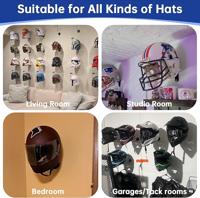4-Pack Wall-Mounted Multi-Purpose Helmet Storage Display Rack - Durable Metal Hanger Hook for Equestrian, Motorcycle, Baseball, Hockey, Rugby & Electronic Helmets | Heavy-Duty Construction with Screws