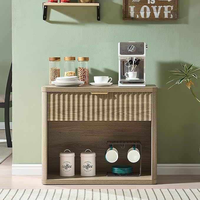 LEYAOYAO 31" Wide Fluted Nightstand Set of 2 with Charging Station, Oversized Extra Large 1 Drawer Night Stand with Golden Handle, Grey Wood Bedside Table Tall End Tables,for Bedroom, Living Room