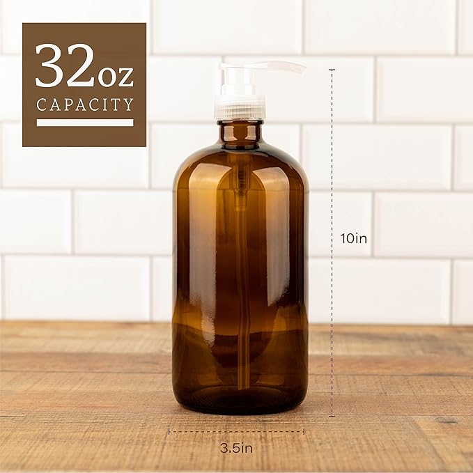 32 Ounce Large Amber Glass Boston Round Bottles w/Natural Color Pumps. Great for Lotions, Soaps, Laundry Detergent and Essential Oils - Food Safe and Medical Grade - by kitchentoolz (Pack of 2)