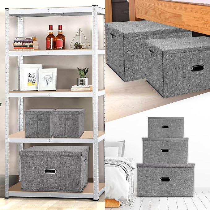 Large Linen Fabric Foldable Storage Bins with Removable Lid and Handles, Washable Storage Box Organizer Containers Baskets Cube with Cover for Bedroom,Closet,Office (Khaki, XXL(2-Pack))