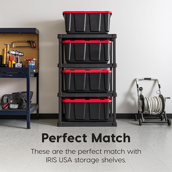 IRIS USA 27 Gallon Heavy Duty Truck Bed Toolbox Storage Tote Bins with Lids, 4 Pack - Made in USA, Tough Snap On Lockable Lid Stackable Industrial Tubs, Garage Organization Reusable Box - Red
