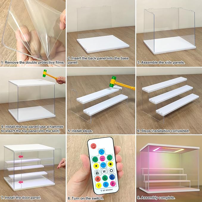 NONEMEY Clear Acrylic Display Case with Light ,3/4/5/6 Tier Multiple Color Lights via Remote Control Dustproof Display Box for Collectibles Figures Mini Toys (5Tier 12.4*12.2*12inch )