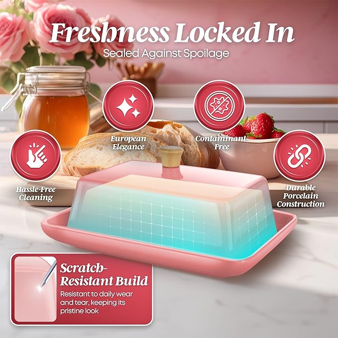 Flexzion Ceramic Pink European Butter Dish with Lid for Countertop (8 Inch) - Wide 2 Stick Double Butter Holder for Counter, Cream Cheese Container Storage Keeper