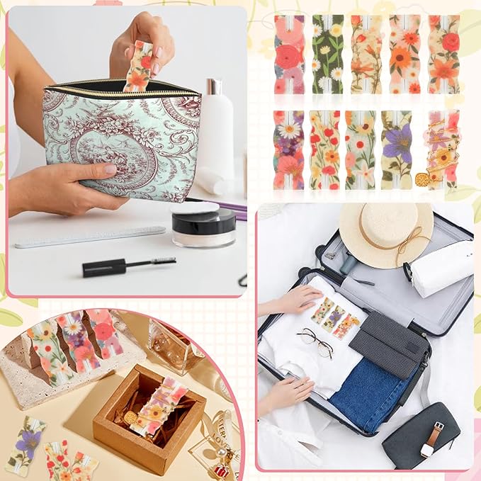 10 Pack Portable Tangle-Free Jewelry Organizer, Travel Necklace Storage Case for Chains, Pendants & Bracelets, Jewelry Containers with Card Holder, Anti-Tangle Jewelry Roll Alternative (Flowers)