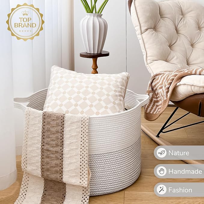 INDRESSME XXXLarge Cotton Rope Basket 21.7" x 21.7" x 13.8" Woven Baby Laundry Basket for Blankets Toys Storage Baskets with Handle Comforter Cushions Storage Bins Thread Laundry Hamper-Black Stitch