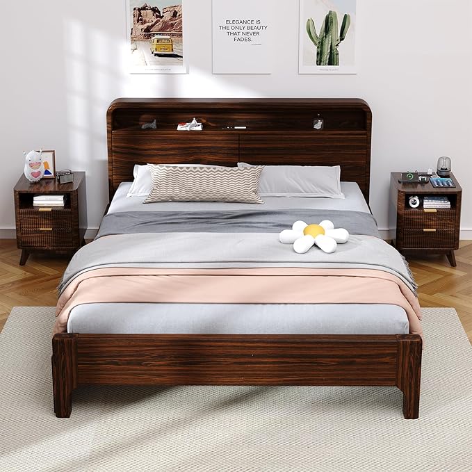 Nightstand with Charging Station, Fluted Nightstand with LED Lights, Modern Rustic Side Table with 2 Storage Drawers, Wooden End Table for Bedroom, Walnut 2pcs