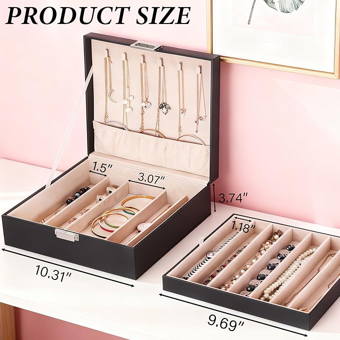 BEWISHOME Jewelry Box Organizer, 2-Layer Necklace Organizer Box, Modern Style Necklace And Bracelet Storage Case, Necklace Case for Women, Girls (Black SSH31B)