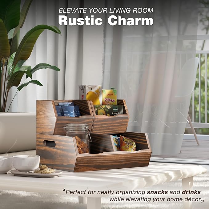 Acacia Wood Pantry Storage Bins – Stackable Open Front Kitchen Baskets for Potato, Onion, Fruit, Bread & More – Rustic Wooden Basket for Pantry (Walnut - Pine Wood)