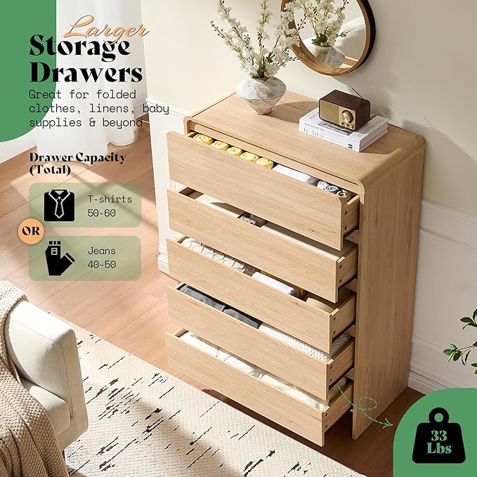 AMERLIFE 5 Drawer Dresser for Bedroom, 48" Tall Modern Chest of Storage Drawers with Rounded Corners, Anti-Tip Kit, Wood Cabinet Organizer for Closet, Apartment, Nursery, Easy Assembly, Light Oak