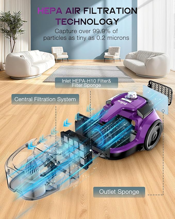 Zefiro Canister Vacuum Cleaner, Bagless Canister Vacuum for Home, Powerful Suction, Auto Cord Rewind, HEPA Filter, Corded Vacuum for Hard Floors, Carpet, Apartment/Rental Friendly(Purple&Gray)