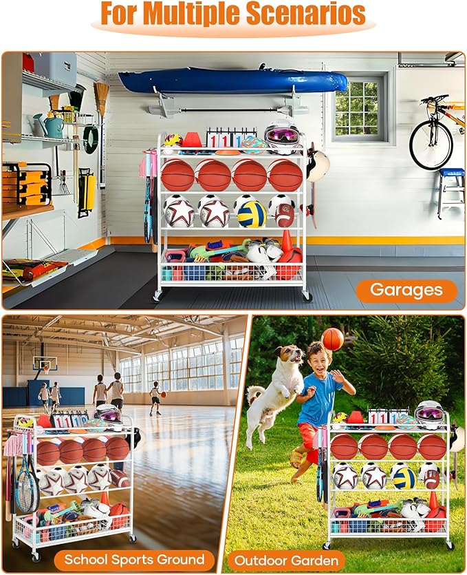 Garage Sports Equipment Organizer - Rolling Ball Storage Bin with Wheels, Garage Sports Gear Rack Outdoor Basketball Racks for Balls with Baseball Bat Holder and Hooks, Toy Organizer(White)