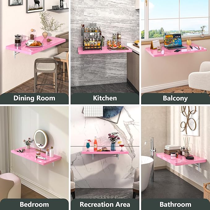 Clikuutory Wall Mounted High Gloss Folding Table, Wall Desk Fold Down for Small Spaces, Folding Workbench for Laundry Room, Home Office, Kitchen, Bedroom, Home Bar, Pink (31.5"×15.7")