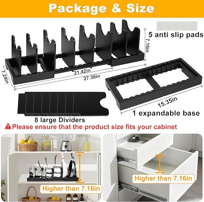 MinBoo Bamboo Expandable Pot Lid Organizer Pot Lid Holder, Pot and Pan Organizer Drawer Organizer for Pot Lids, Adjustable Dividers for Kitchen Cabinet Organizers and Storage,Black,Large