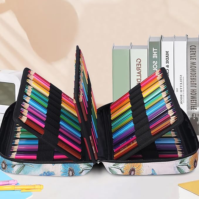 JAKAGO 220 Slots Colored Pencil Case Large Capacity Pen Holder for Artist Painter Zipper Organizer Bag for Marker Highlighter Storage Case for Office Sketch Travel Supplies (Daisy)