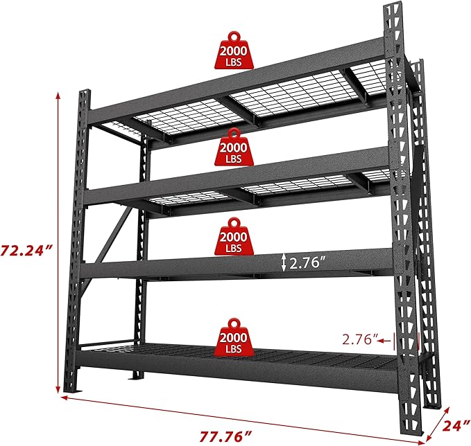 BlueWish 8000LBS 78 "W x 24 "D x 72 "H Garage Shelving Heavy Duty Storage Shelves, 4-Tier Adjustable Storage Shelves, Iron Industrial Shelving for Basement Warehouse Basement, Black