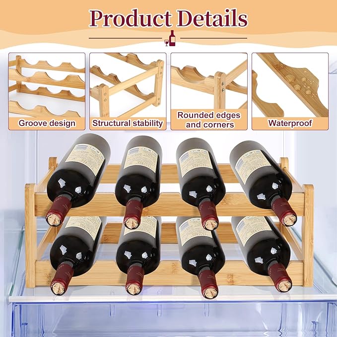 2 Pack Wine Racks, 2-Tire Bamboo Wine Rack, Wine Rack for Inside Cabinet 16 Bottles Wine Storage Holder Liquor Bottle Display Shelf Suitable for Bar,Home,Kitchen,Cellar Basement,Restaurant