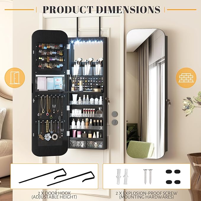 Vlsrka 47.2" LED Mirror Jewelry Cabinet, Wall/Door Mounted Full Length Mirror with Storage, Lockable Jewelry Armoire with Mirror, Rounded Corner Hanging Mirror Jewelry Organizer, Black
