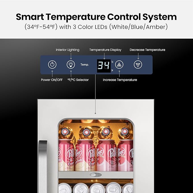 Whynter Beverage Refrigerator 15 inch Drink Fridge with Glass Door Beverage Fridge Cooler 80 Can Under Counter Built in Freestanding Fridge 34-54°F for Soda Beer Home Bar Luxury Series
