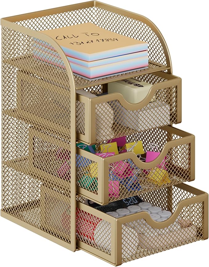 EasyPAG Mesh Desk Organizer with 3 Drawer Office Desktop Organizers and Accessories Stationery Caddy for Office, Home, Students, Gold