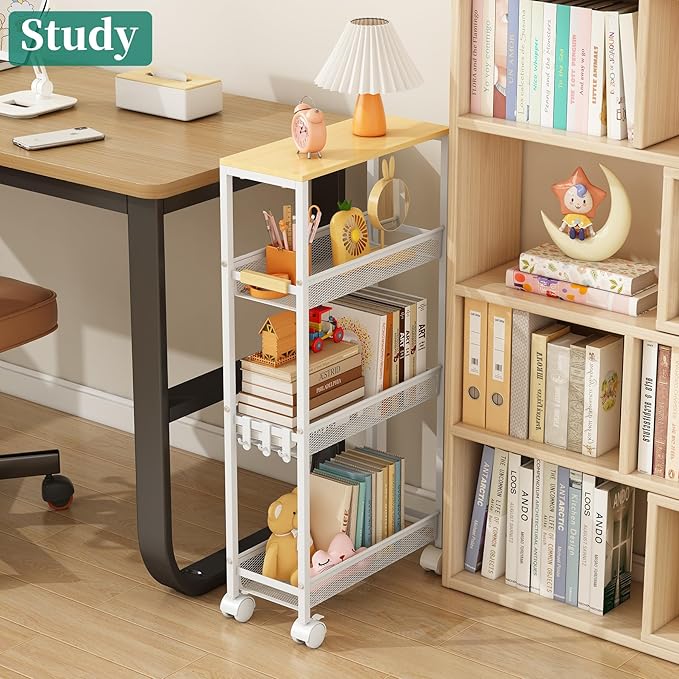 TIPGO Utility Slim Storage Cart, 4 Tier Rolling Cart with Wheels, Narrow Storage Cabinet for Bathroom, Laundry Shelves for Room Organization, Small Organizer for Kitchen, Office and Dorm (White)