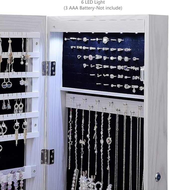 47" H Jewelry Armoire Full Length Mirror Cabinet Storage Organizer w/LED Light Wall-Mounted/Door-Hanging Lockable for Bedroom Makeups White