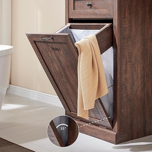 Tilt Out Trash Can Cabinet, 10 Gallon Farmhouse Laundry Hamper Cabinet with Drawer, Hidden Wooden Trash Garbage Can Bin with Storage Basket for Kitchen, Living Room (Brown)