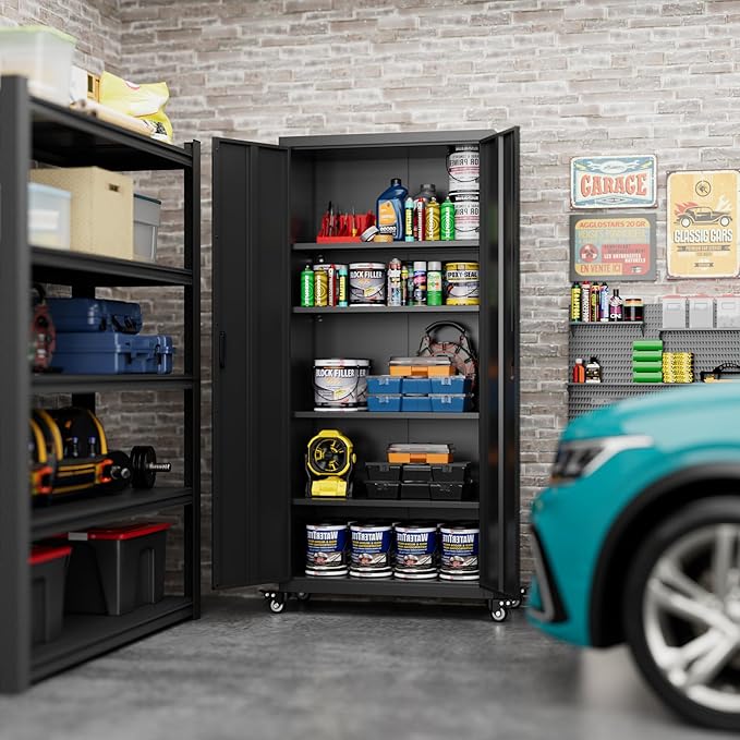 Aobabo 73" H Metal Storage Cabinet with Wheels for Garage, Rolling Tool Cabinet with 4 Shelves, for Home Office, Black, Assembly Required