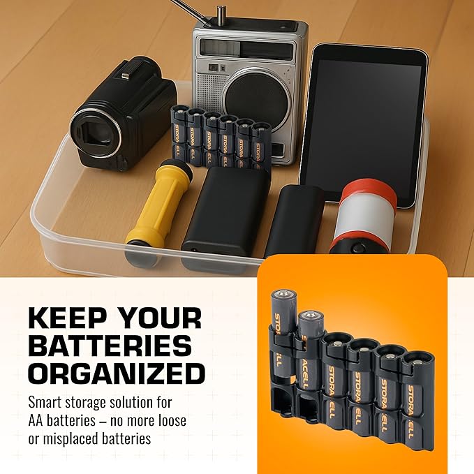 Storacell Slimline AA-6 Battery Storage Caddy and Dispenser, Black, Holds 6 AA Batteries (Not Included), Durable & Compact Design, The Original Battery Caddy, Made in The USA