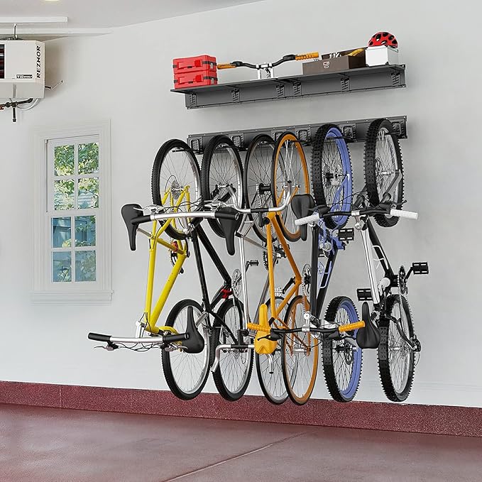 TORACK Bike Storage Rack with Shelf, 6 Bikes Hangers for Garage, Space Saving Bike Rack Wall Mount, Holds Up to 600 LBS
