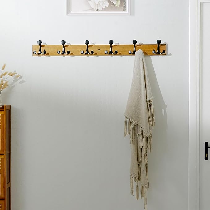 SKOLOO 39-Inch Light Brown Wood Coat Rack Wall Mount with 6 Triple Hooks - Ideal for Family Entrances, Classrooms, and Pet Supplies Storage - Perfect Coat Hooks for Wall