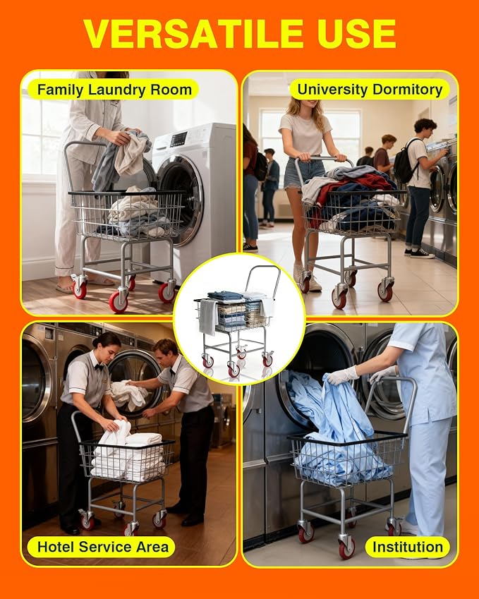 PYY Commercial Laundry Cart - 2 Bushels Heavy Duty 7/8" Welded Metal Cart, 130LBS Capacity, 5-Inch Lockable Wheels, Rubber Bumpers, Rust-Resistant Finish, Easy-Assembly Design, Silver