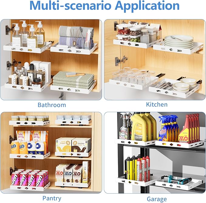 XLP Pull-Out Spice Rack Organizer – Heavy Duty Slide-Out Cabinet Storage | Fits Spices, Sauces, Cans, Dishes | Kitchen & Pantry Organizer, White (12.5''Wx10.5''Dx1.8''H)