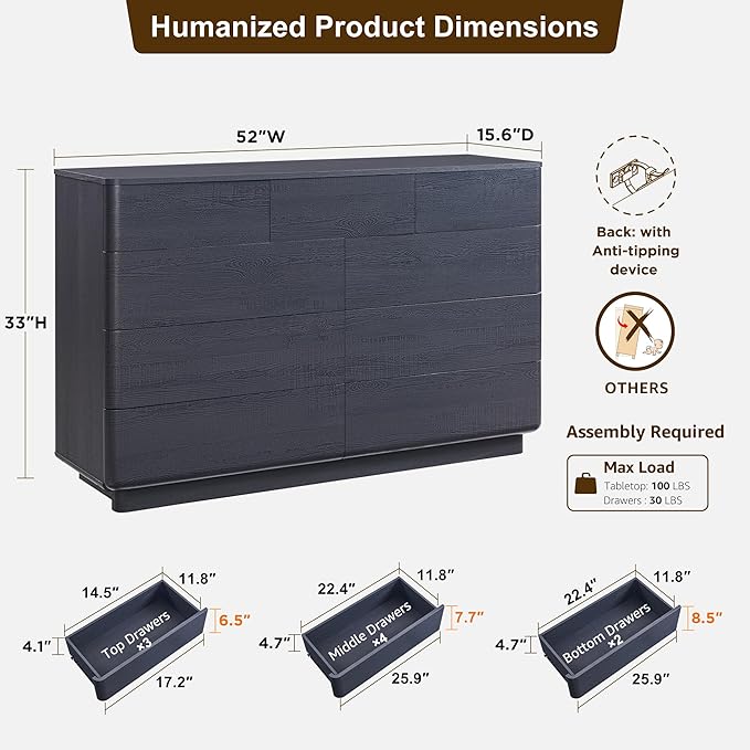 ACCOHOHO Modern 9 Drawer Dresser for Bedroom, 52" Wide Wooden Dressers with Large Storage,Handleless Chest of Drawers TV Stand for Living Room & Hallway, Curved Profile Design, Black